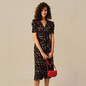 Black Polka Dot Midi Dress with Multicolor Spots
